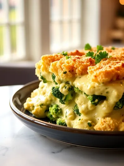 Ultimate Broccoli Cheese Casserole with Ritz Cracker Crust - ready to serve