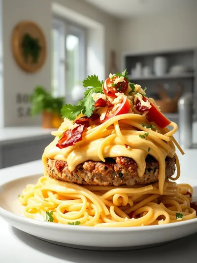 Loaded Turkey Cheeseburger Alfredo Pasta