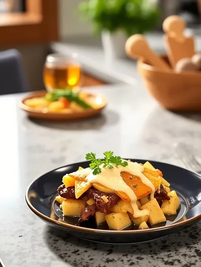 Slow Cooker Steak & Cheddar Potato Casserole - ready to serve